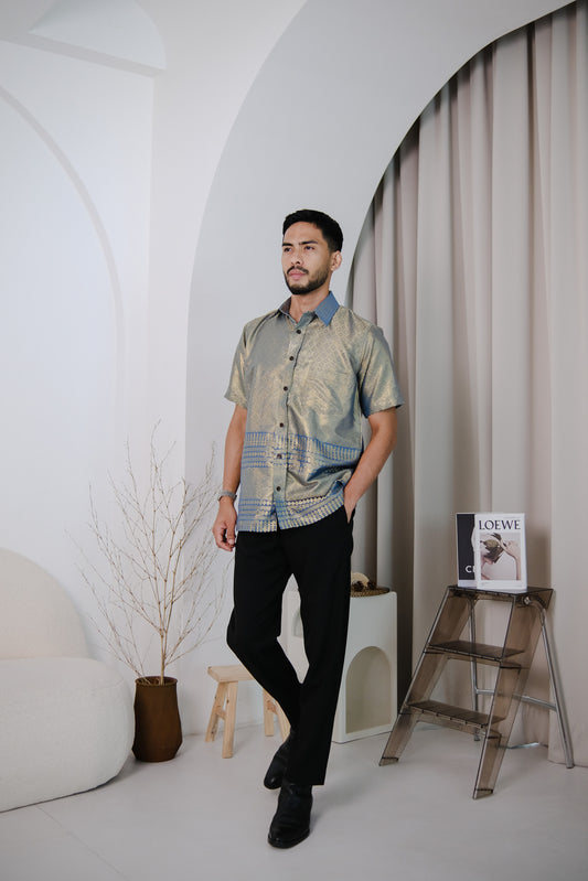 lux qamis songket shirt in blue and gold - jia.basics